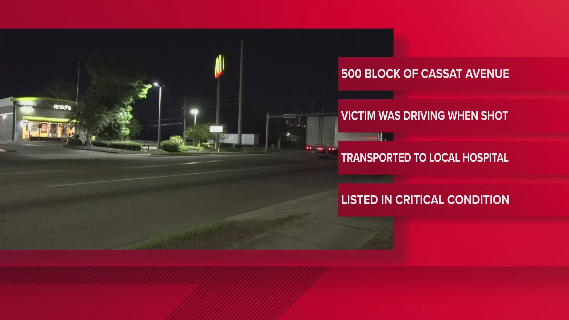 The Jacksonville Sheriff's Office said an "unknown suspect" shot the man from outside his vehicle.