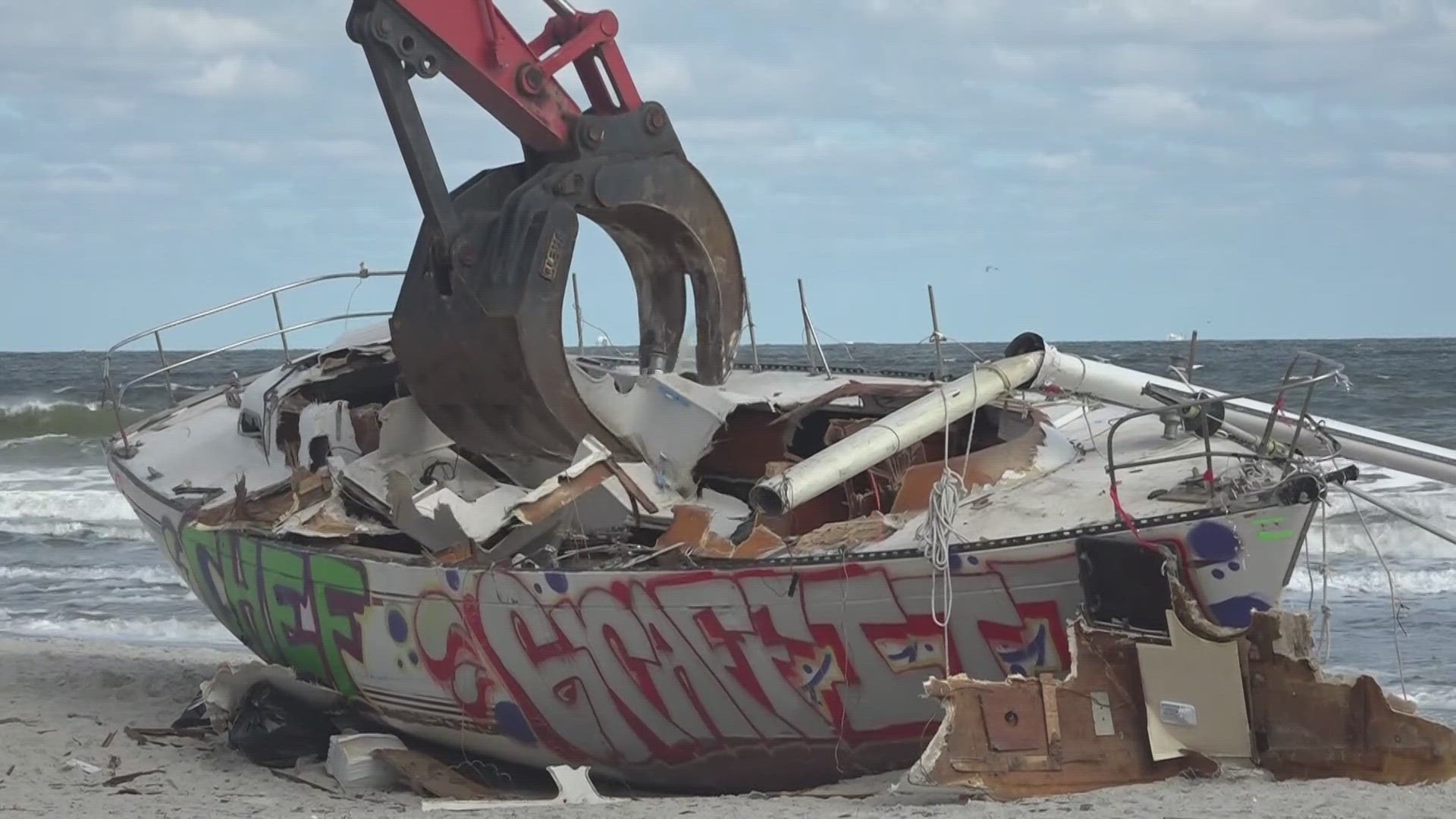 The sailboat has been beached on the sand at Jacksonville Beach since Oct. 14, 2023.