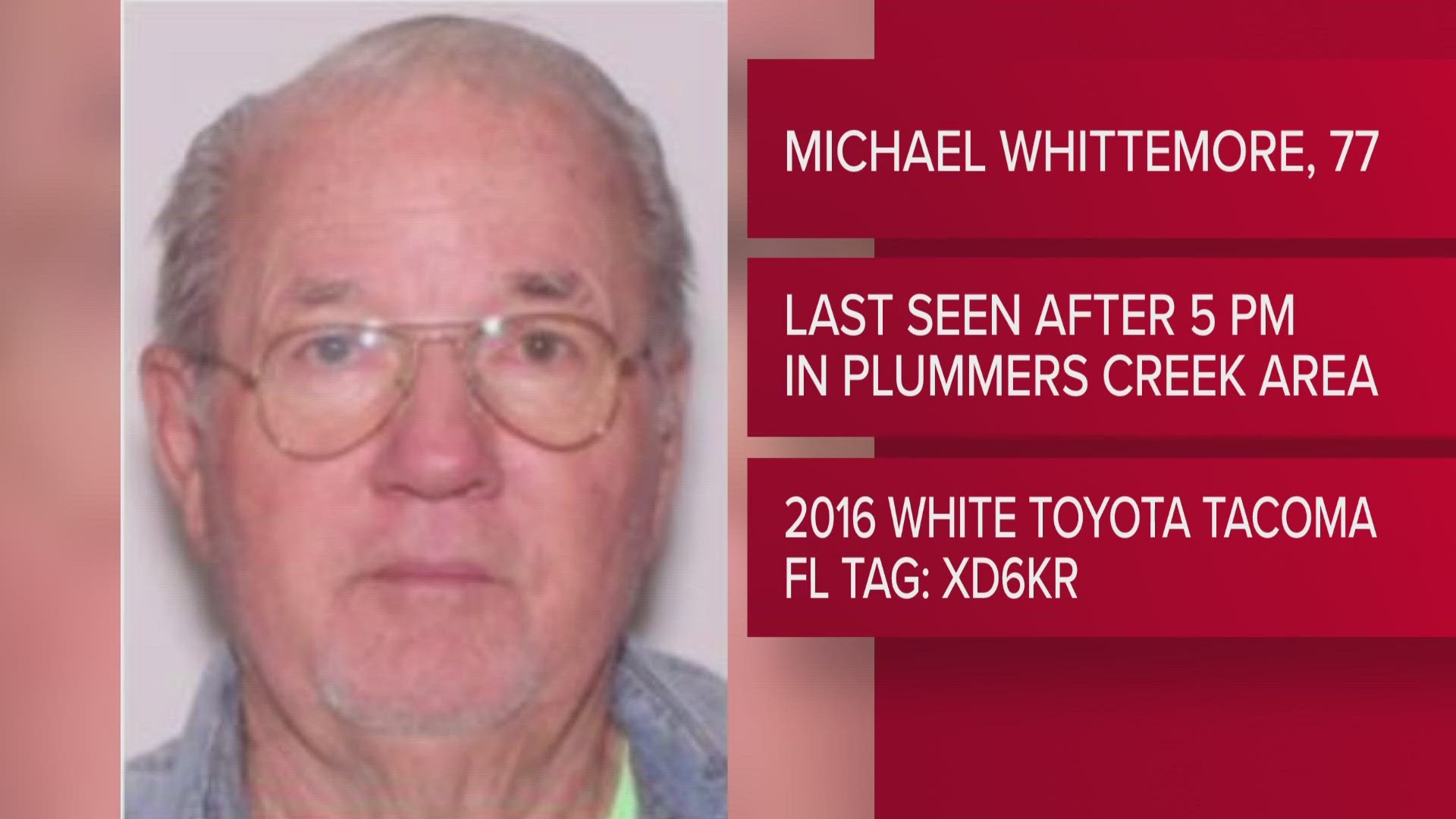 Michael 'Skip' Whittemore is missing in a 2016 white Toyota Tacoma drunk, tag number XD6KR. Call 911 if you see him.