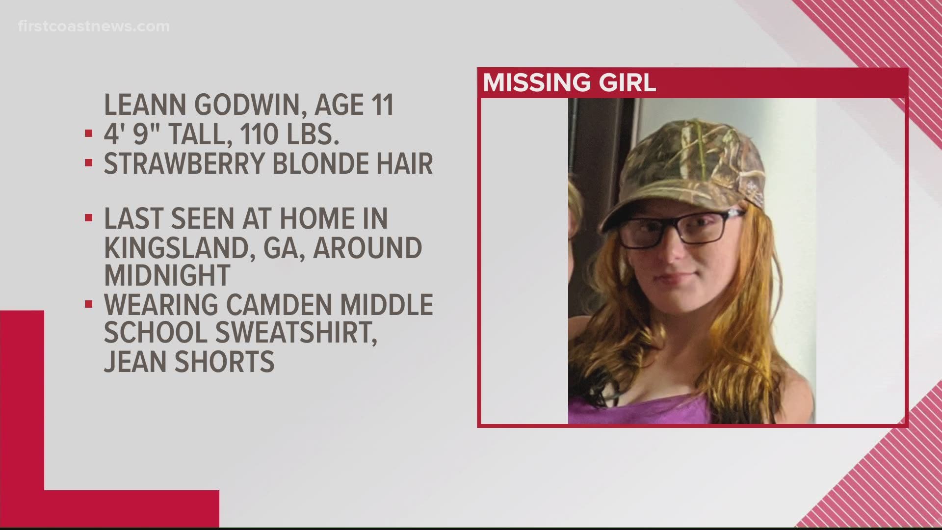 Leann Godwin is 4 feet 9 inches tall and weighs 110 pounds. She has strawberry blonde hair and was last seen wearing a Camden Middle School sweatshirt and jeans.