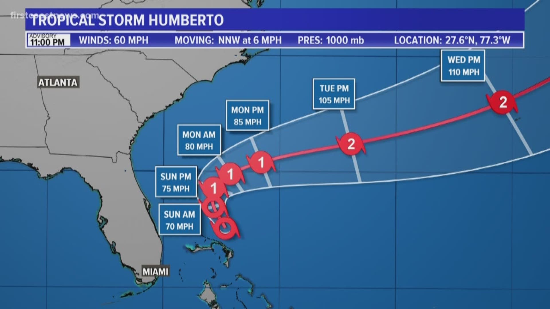 11 P.M. ADVISORY -- Humberto is slowly strengthening to the north of the Bahamas. It's expected to become a hurricane on Sunday.