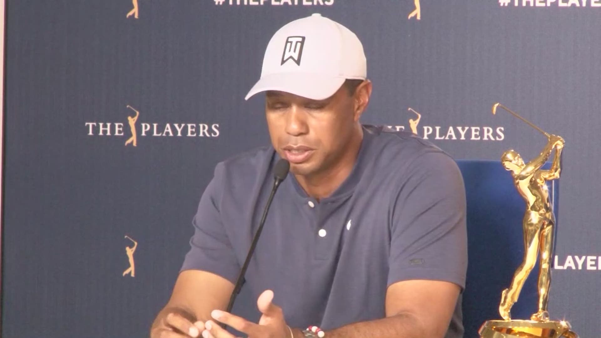 Tiger Woods discussed his foundation that helps children with interests in the STEM field during a news conference in Ponte Vedra Beach