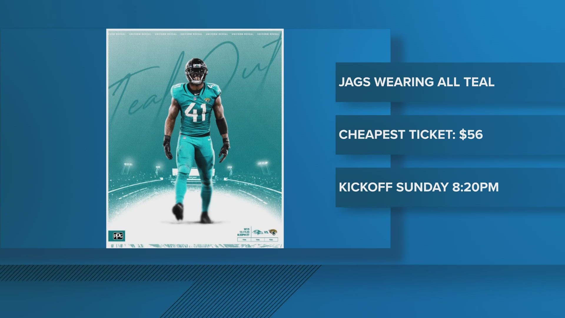 Fans are encouraged to wear teal and players will be in full teal uniforms. The end zones will also be painted teal and the game will feature a teal light show.