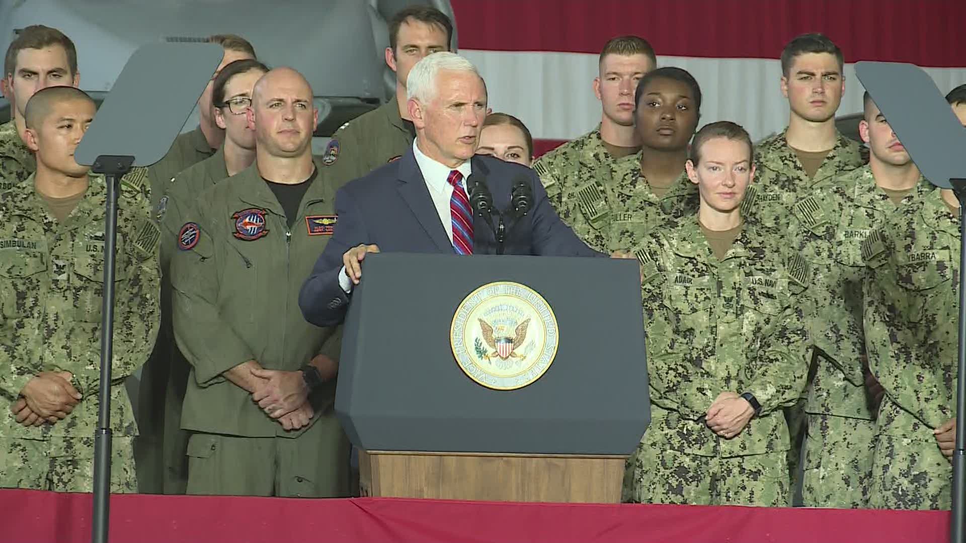 "Men and women of Naval Air Station Jacksonville, you have chosen to serve our country in a world that remains all too dangerous," Pence said. "We're counting on you. We know we can, and I promise you this Commander in Chief and this Vice President will always have your back."