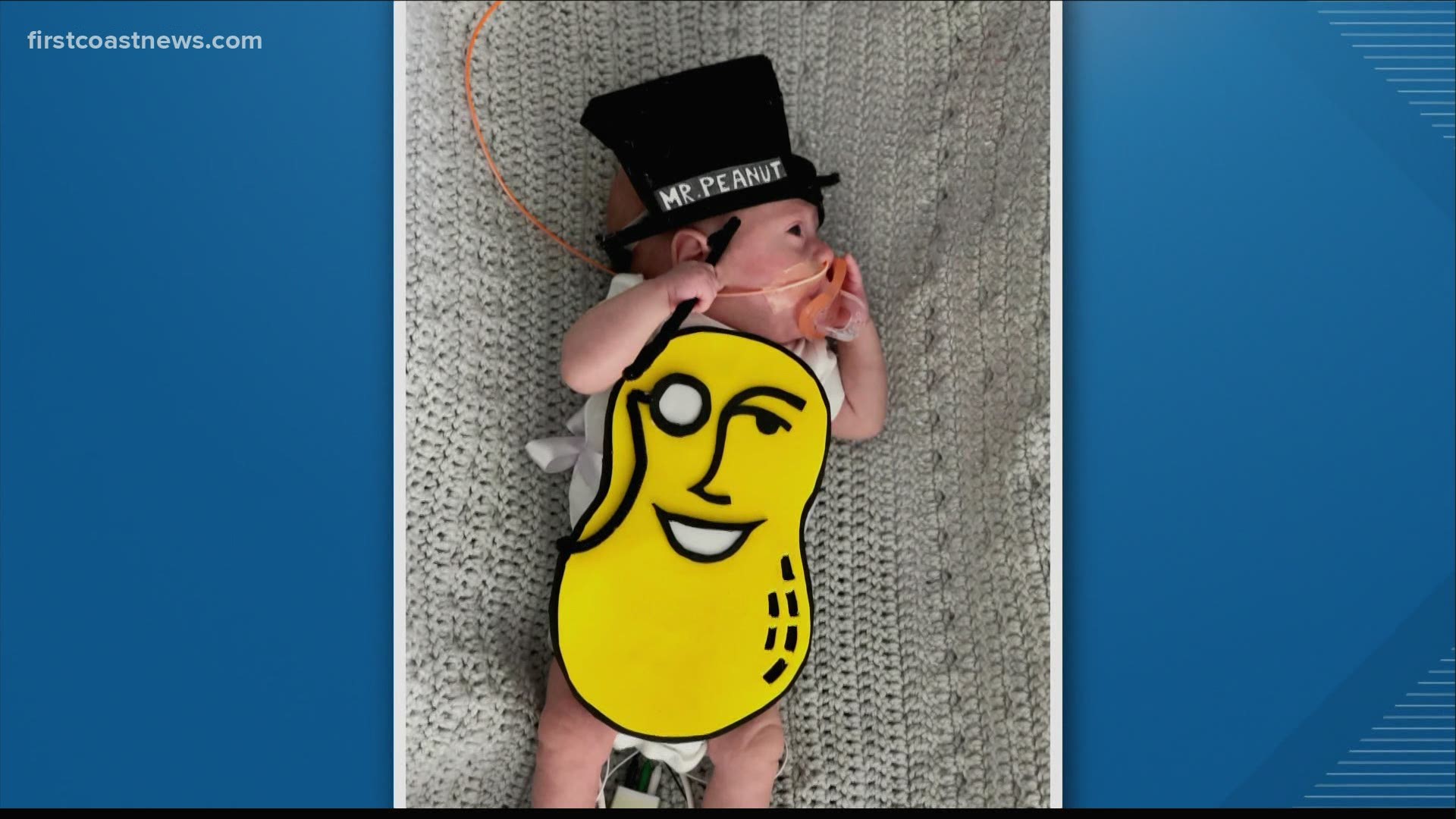 The hospital shared a sneak peek of the babies' Halloween costumes, including an M&M, Welch's jelly and Mr. Peanut.