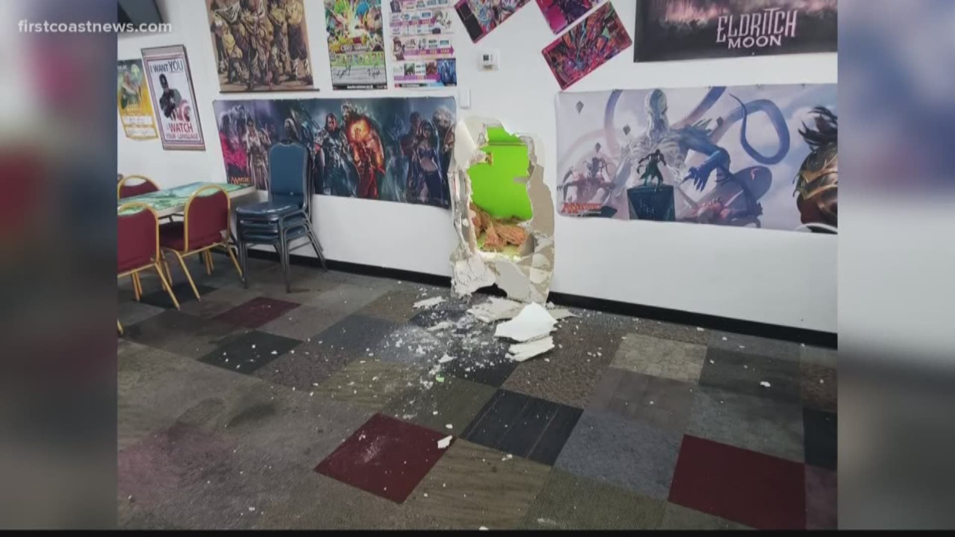 The thief broke into the game center by punching a large hole from inside the neighboring Chinese restaurant.