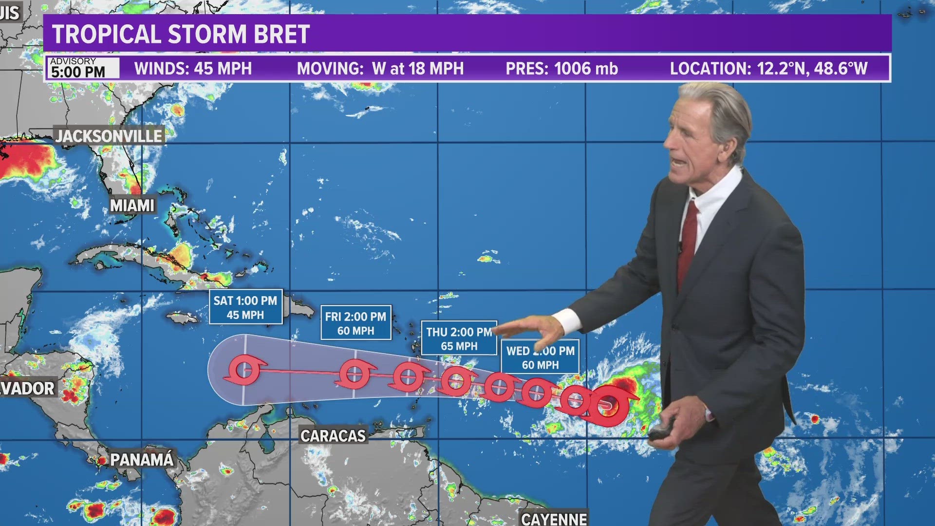 Is Tropical Storm Bret hitting Florida? What about the rest of the East Coast? Will it hit the United States at all? We're tracking the trajectory.