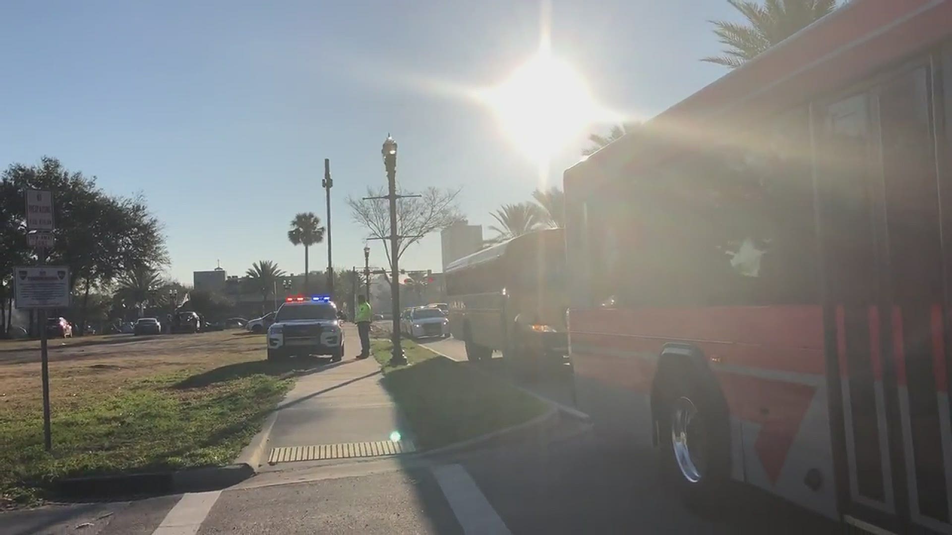 A JSO officer on scene says there was a minor accident where a school bus and JEA bus clipped mirrors.
Credit: Renata Di Gregorio