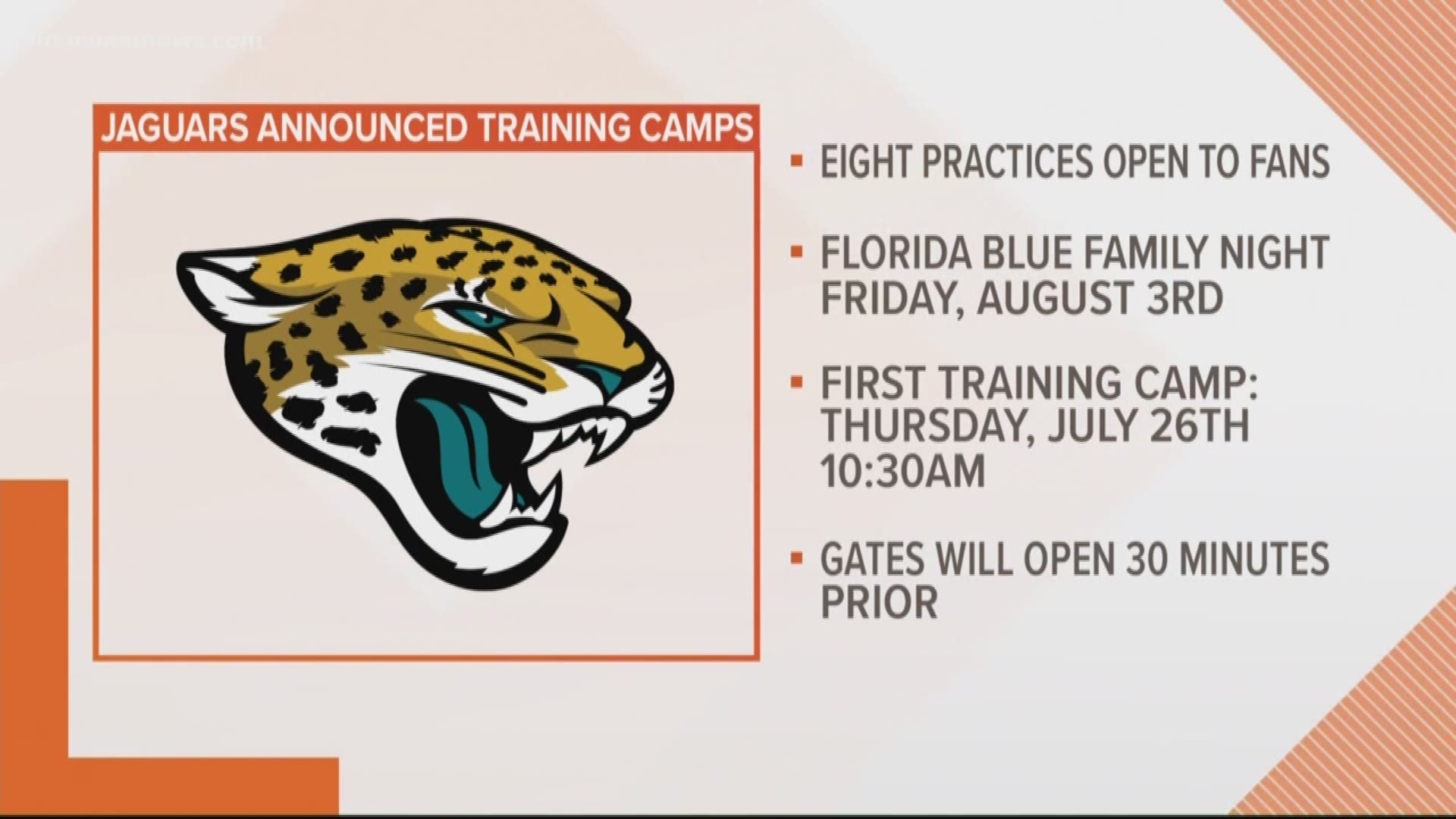 Jacksonville Jaguars fans will receive a sneak peek of the 2018 season during eight open training camp practices this summer.