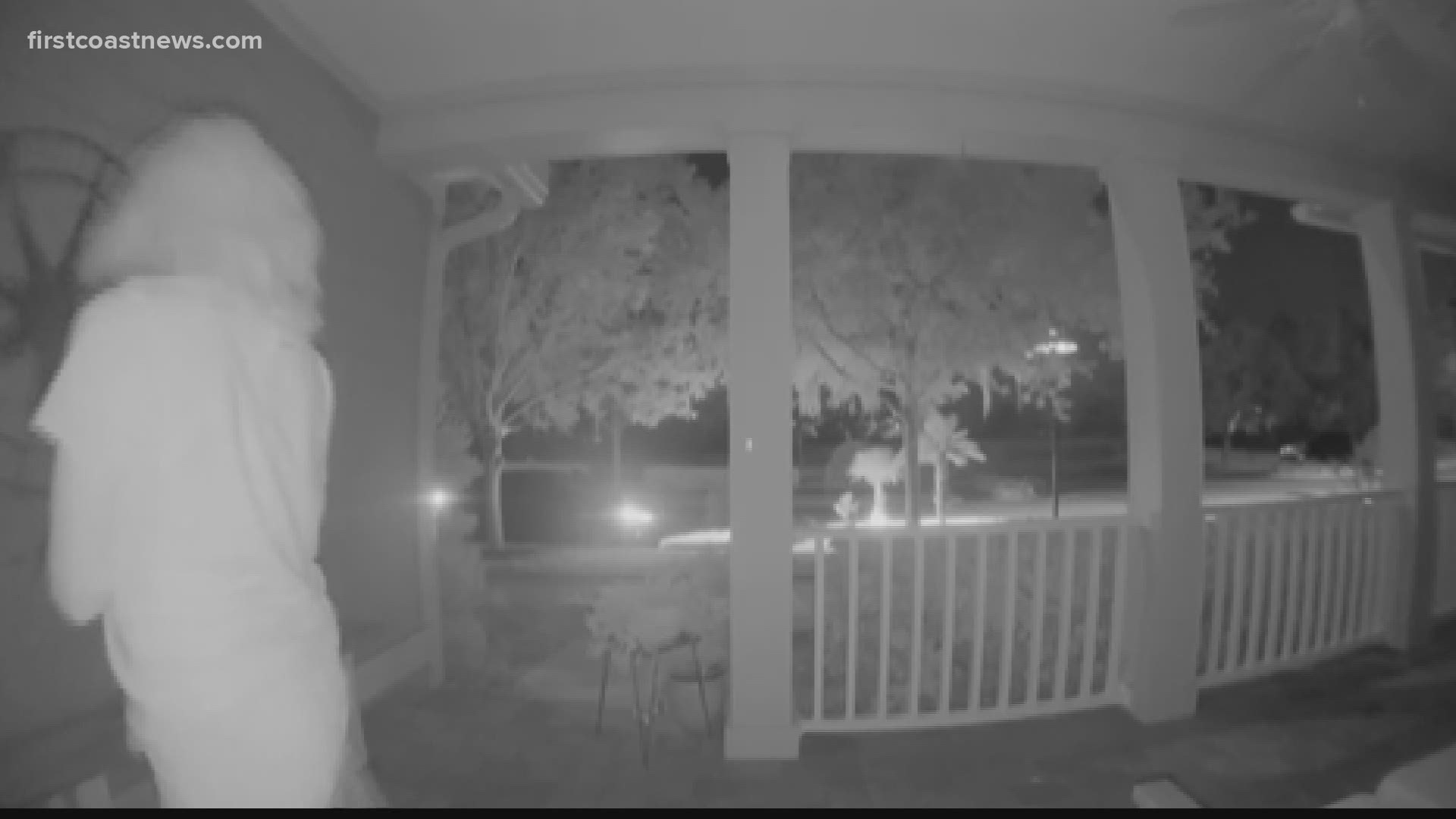 In the video captured by their Nest camera, you can see the woman take the couple's "welcome" sign and kick their potted plants.