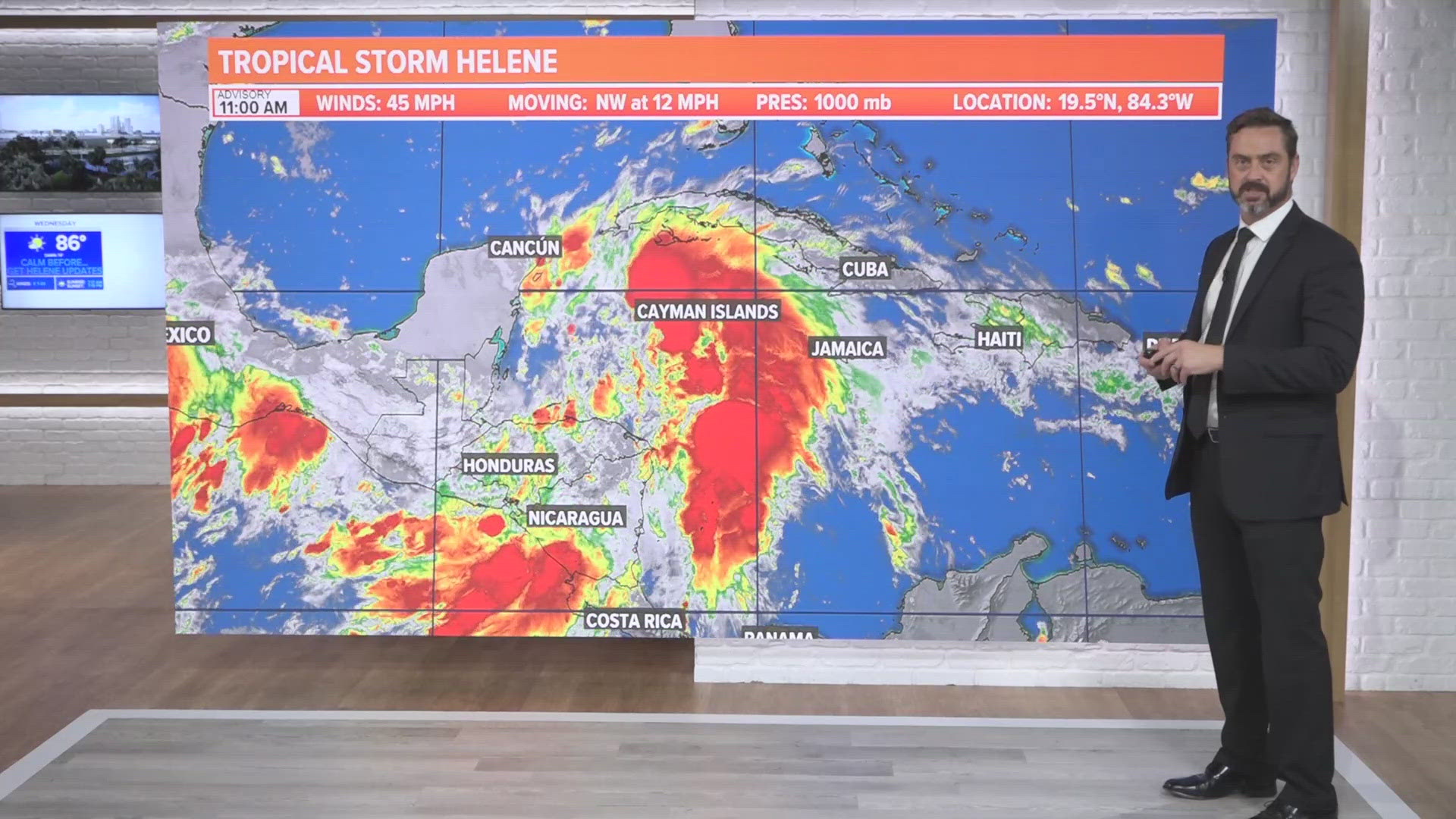 Helene is forecast to increase its forward speed and cross into the Gulf of Mexico Wednesday, becoming a hurricane Wednesday morning.