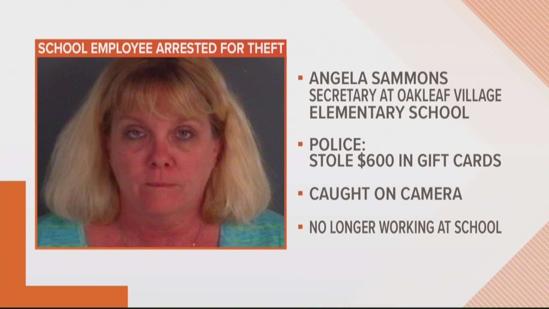 The Clay County Sheriff's Office says Angela Sammons, a former employee at Oakleaf Village Elementary, stole around $600 worth of Aldi gift cards in September.