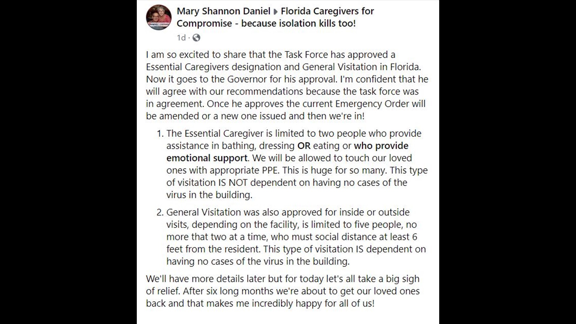 Visitors allowed in nursing homes in Florida in days