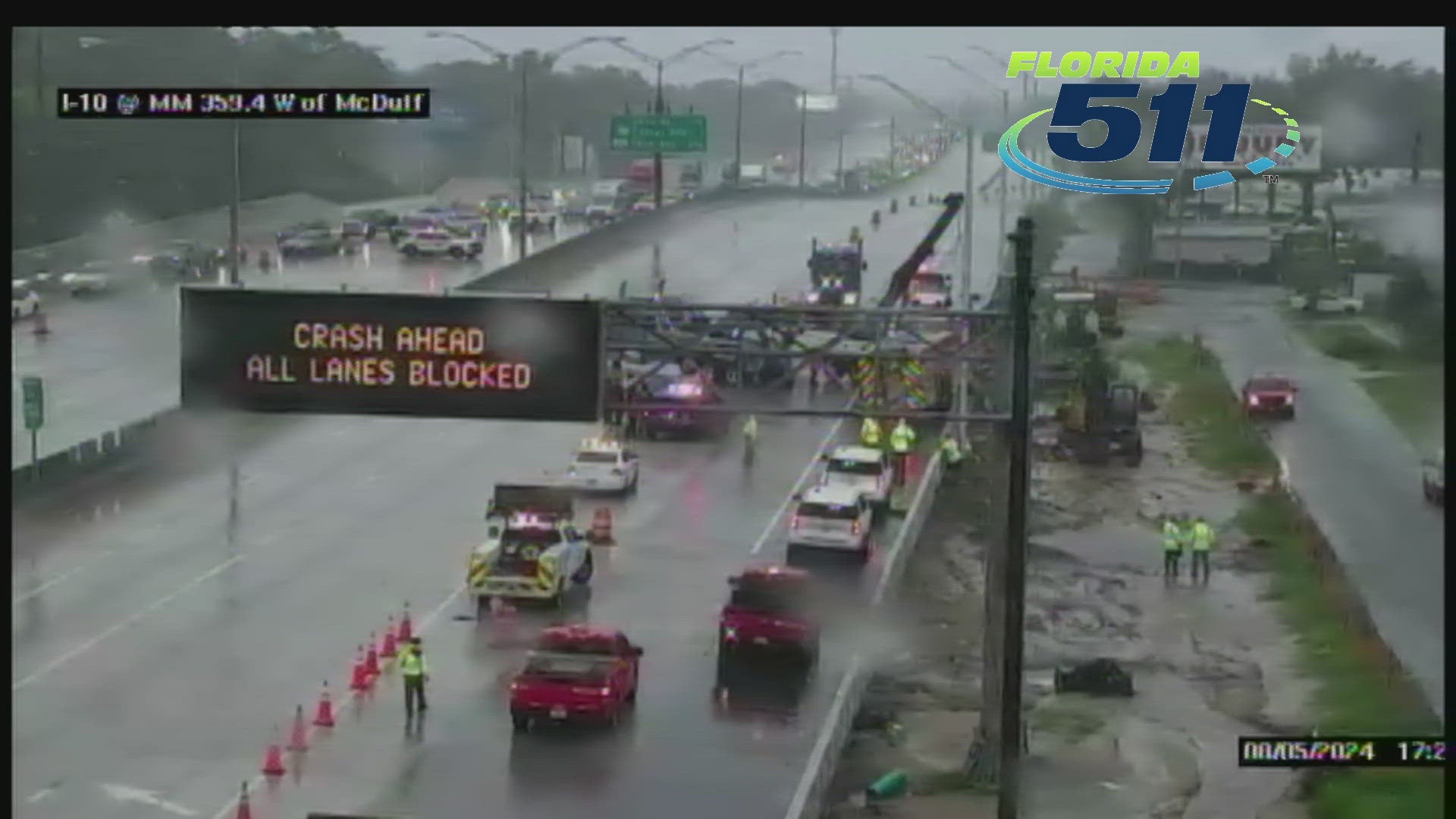 Crash shuts down both directions of I-10 in Jacksonville during Debby.