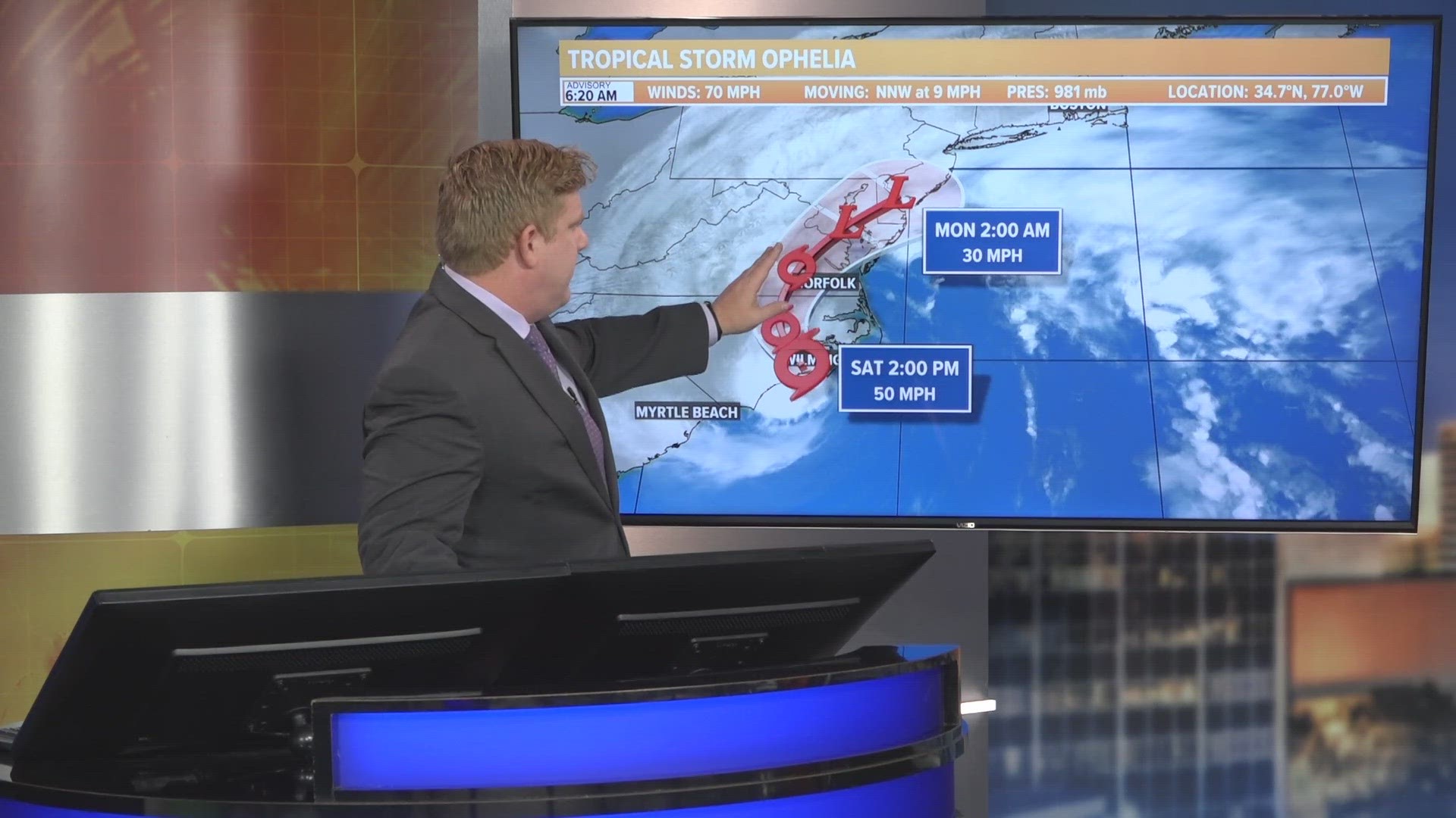 Tropical Storm Ophelia has made landfall near Wilmington, North Carolina Saturday morning and will be tracking north, bringing rain to several mid-Atlantic states.