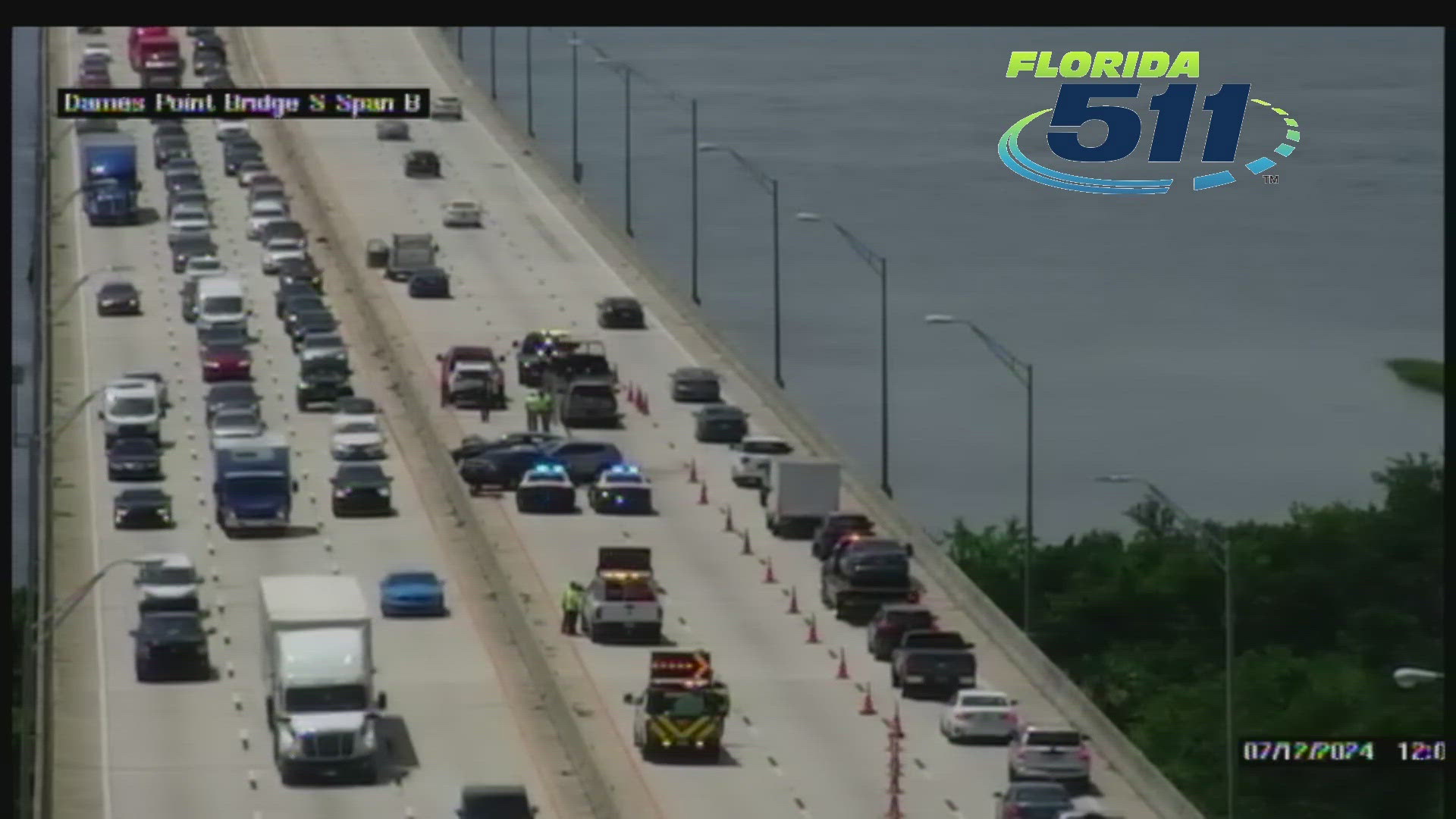 Traffic snarled on the Dames Pointe Bridge.