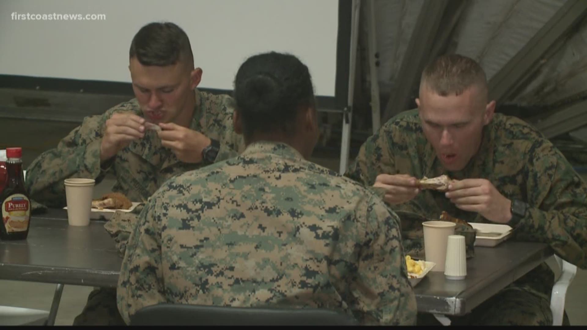 They didn't have to ring the dinner bell twice for about 500 Marines camped at the Blount Island support station Monday afternoon.