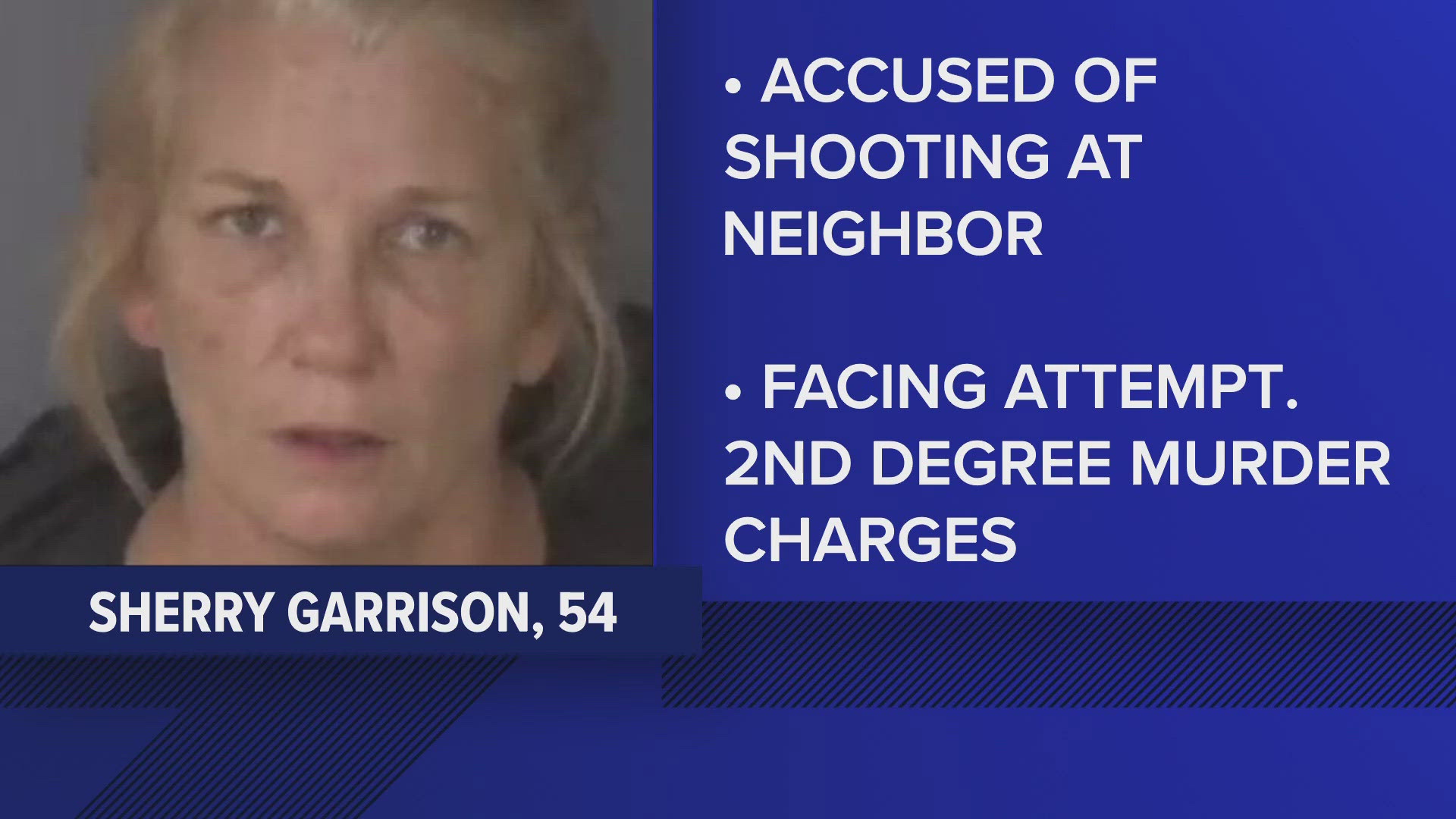 Clay County deputies arrested Sherry Garrison, 54, after they say she shot into the victims' home where an adult and six children were present following the dispute.