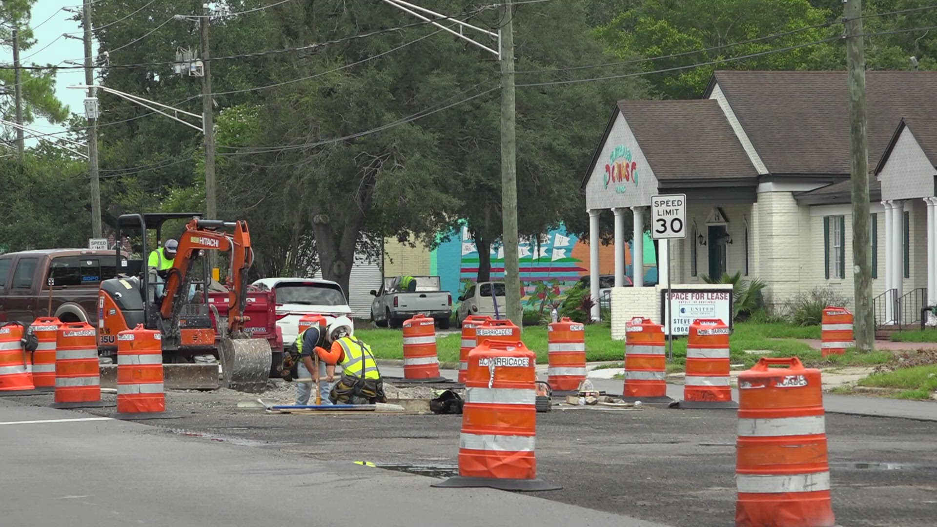 Construction on the roundabout at Edgewood Avenue and College Street started Saturday.