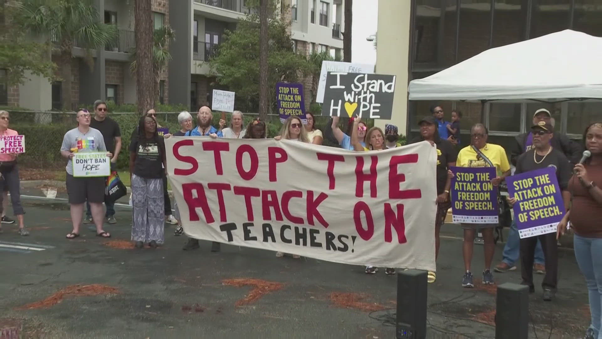 Community members rallied to support Duval teacher Hope McMath's reinstatement amid an investigation for controversial social media comments.
