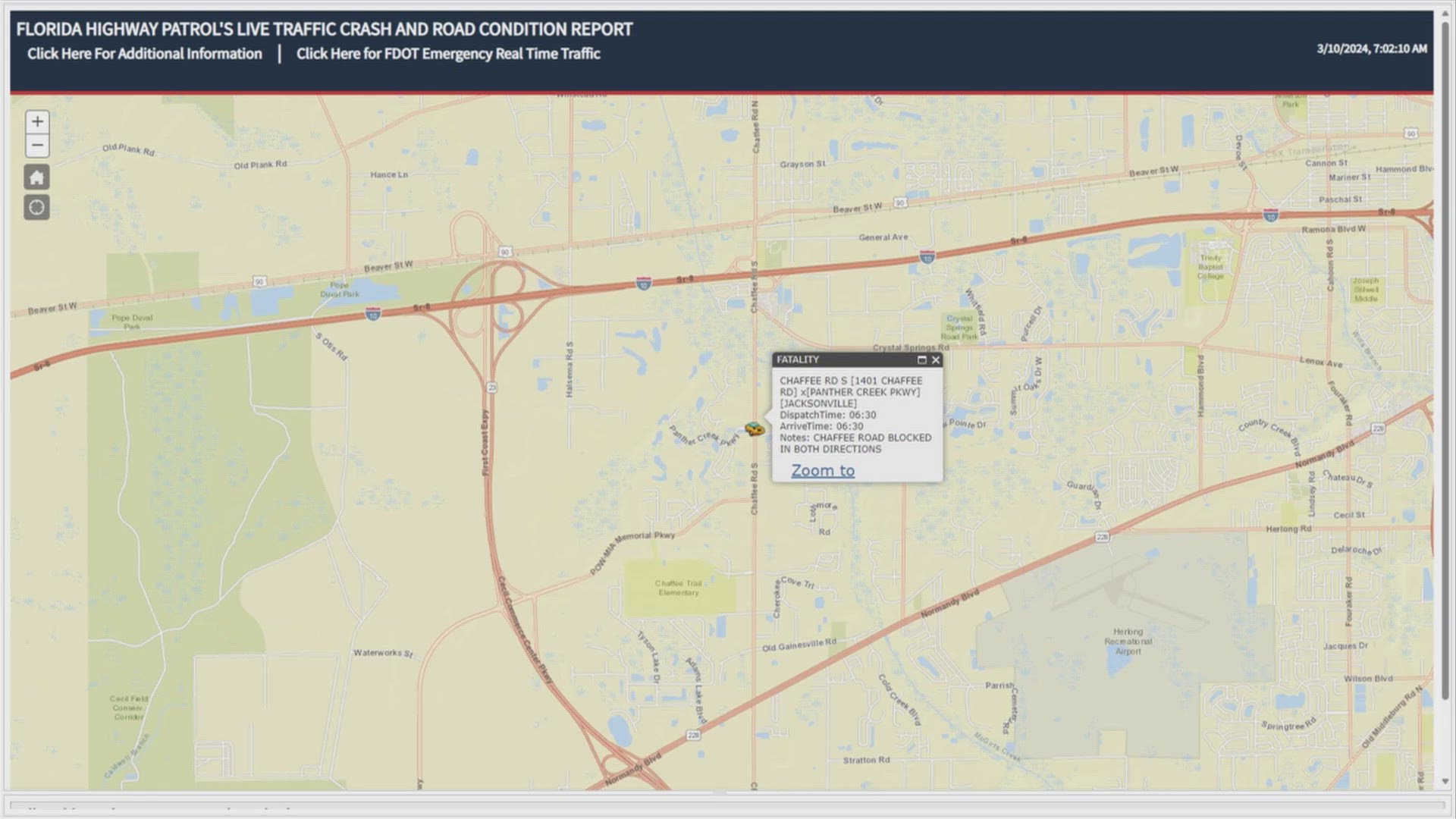 All lanes of Chaffee Road S. are shut down from the 1400 block to Crystal Springs Road, according to the Jacksonville Sheriff's Office.