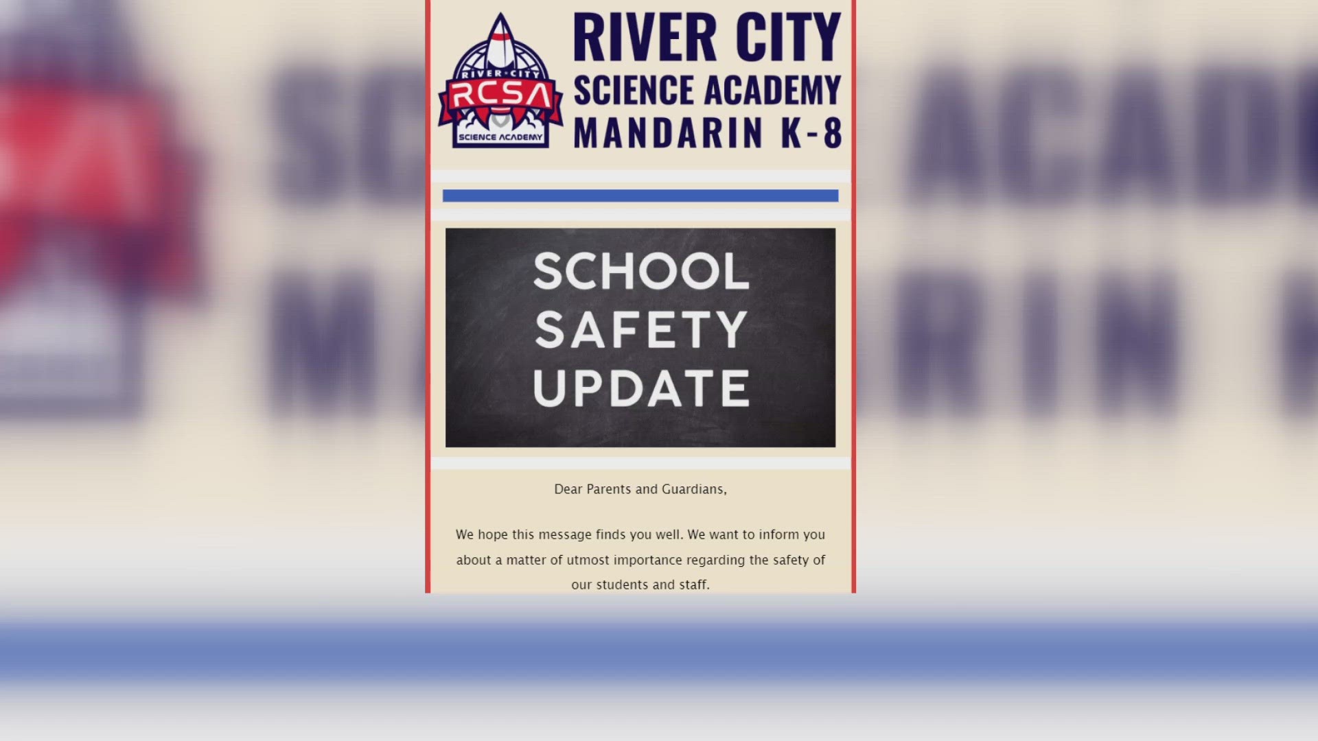 According to an update from River City Science Academy, the school won't allow backpacks, lunchboxes unless in a clear bag, cellphones & students will be searched.