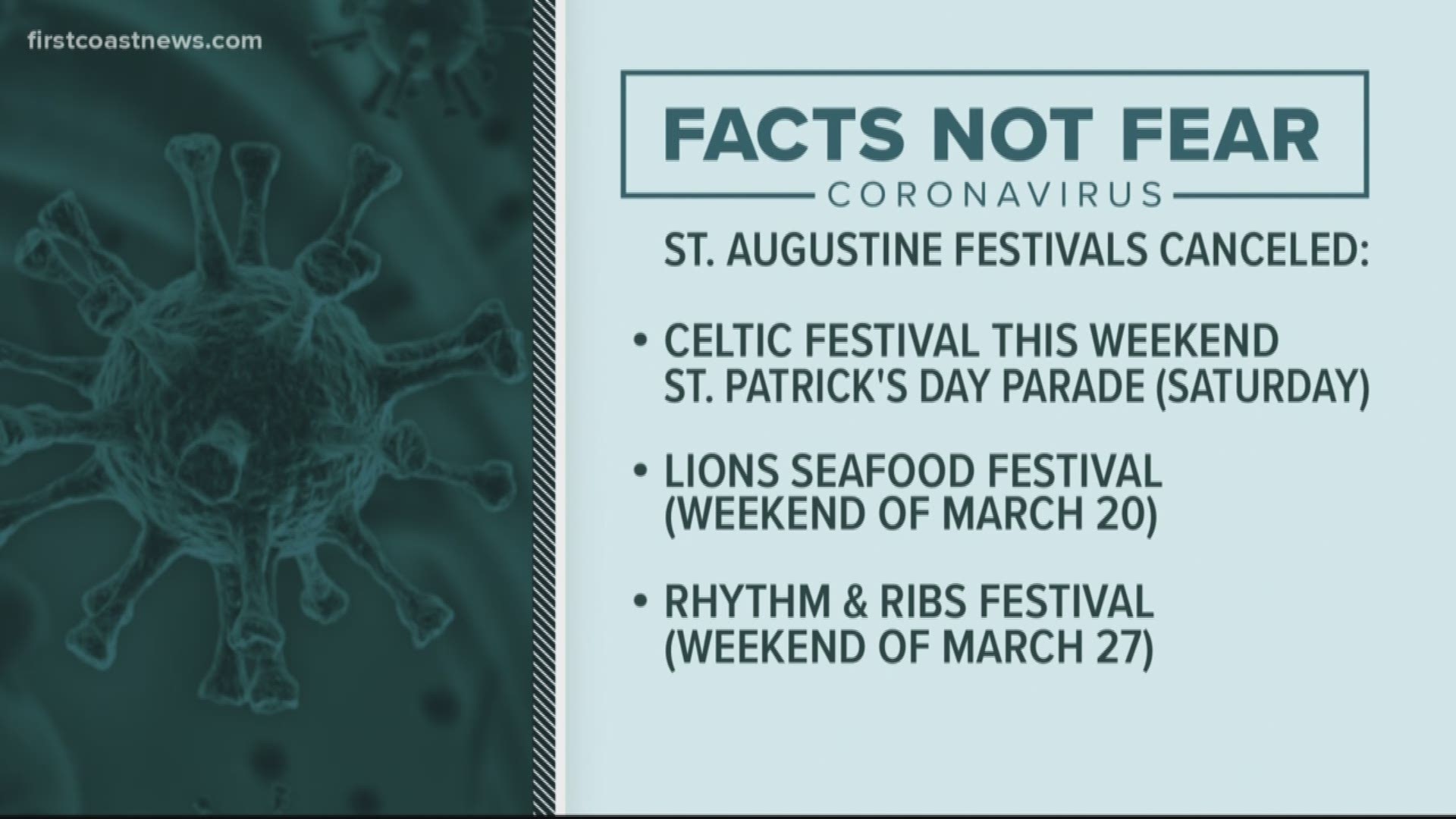 The St. Augustine Celtic Music & Heritage Festival and Parade, Lions Seafood Festival and Rotary's and Ribs Festival have all been canceled.