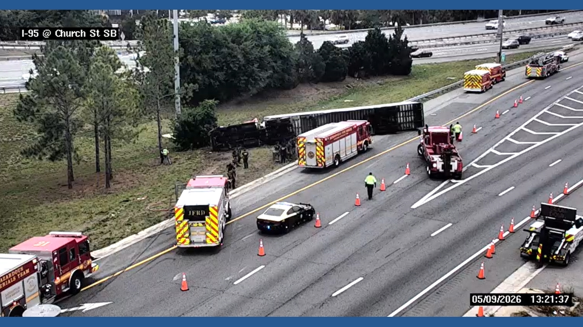 Left lane blocked on I-95 south in Jacksonville near Church Street due to flipped vehicle