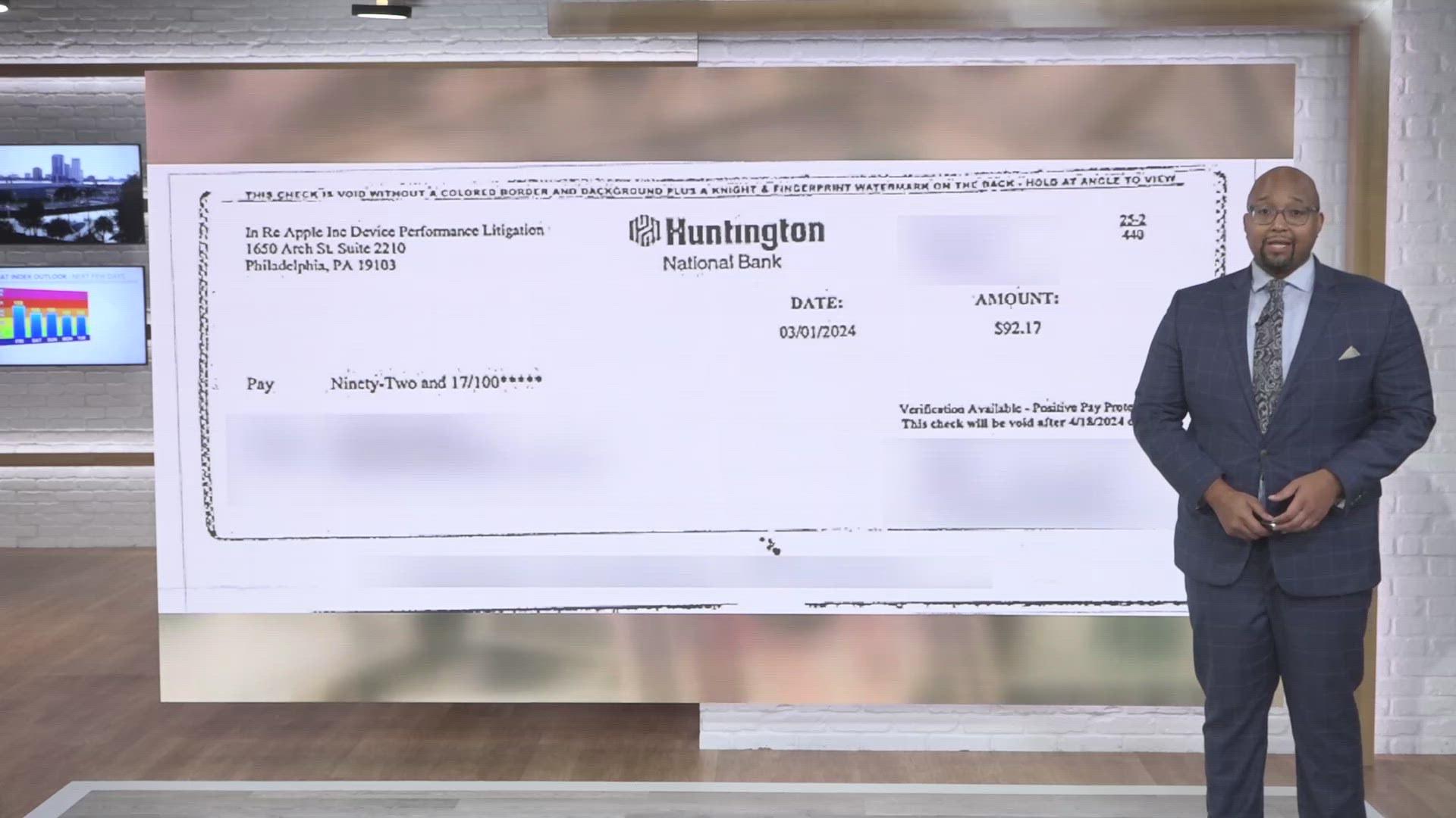 Desiree McNeil received an Apple settlement check for $92.17.  She cashed it on April 1. It was returned 'stale dated' a few days later.