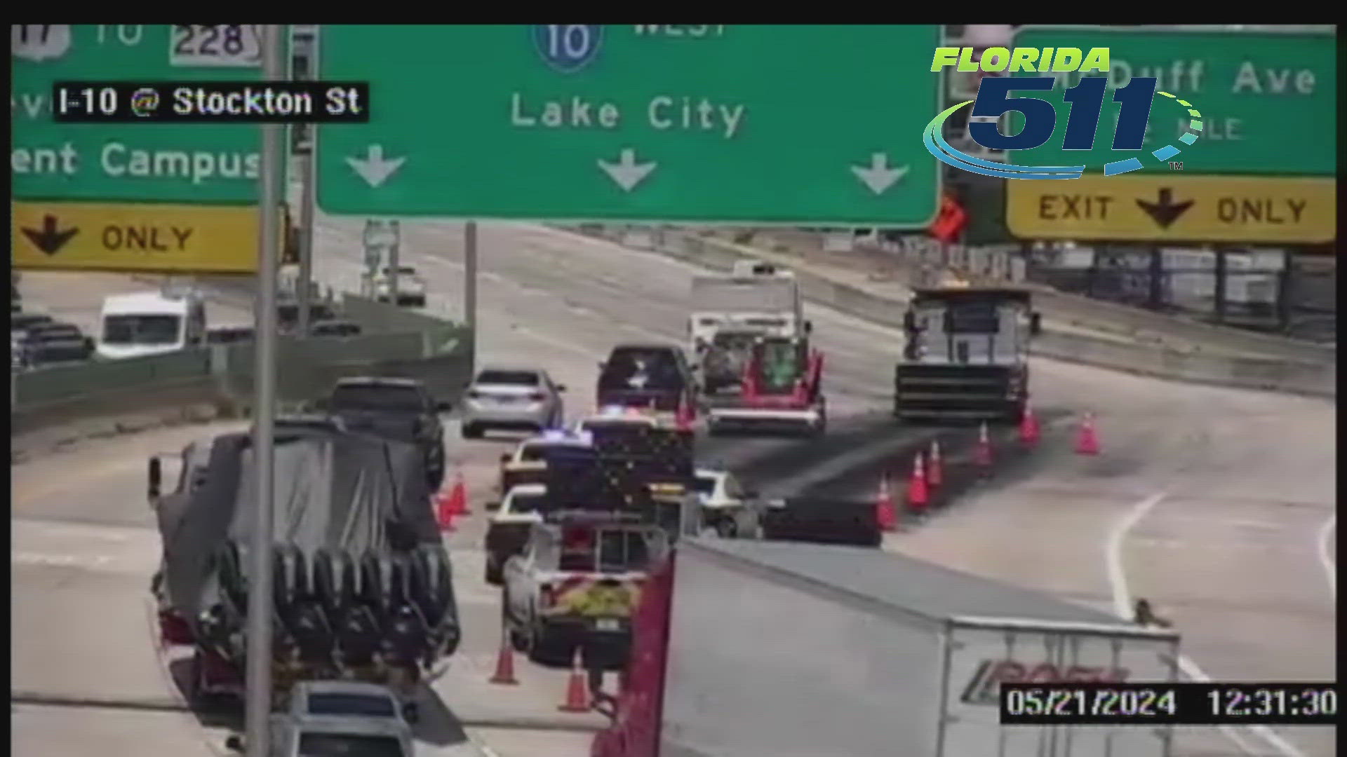 Three lanes of I-10 are currently blocked as crews work to clean up the debris.