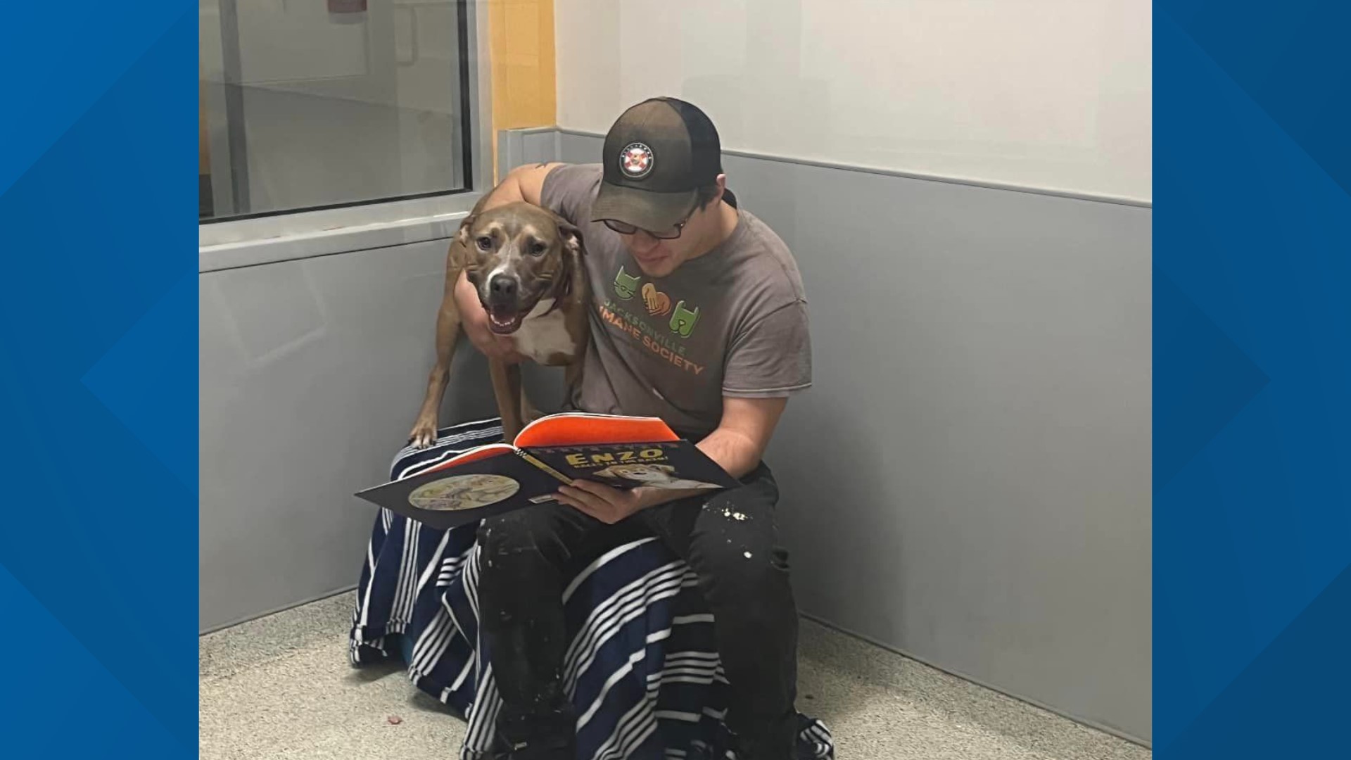 The Jacksonville Humane Society uses reading to soothe shelter dogs often. In fact, kids can sign up to come and read to the animals on a typical day.