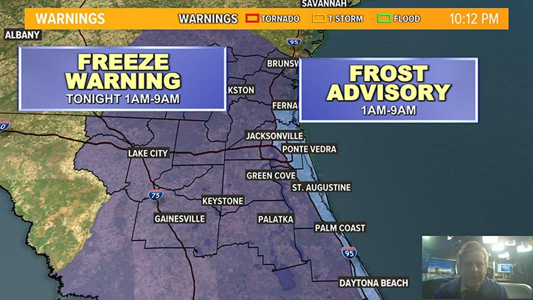 Freeze warnings and frost advisories are in place tonight across the entire First Coast.