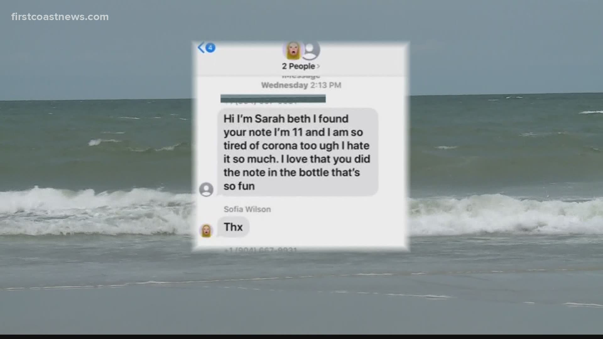 Sofia Wilson from New York sent a message in a bottle while on vacation in Florida. Sarah Beth Walters from Julington Creek found the bottle while in North Carolina.