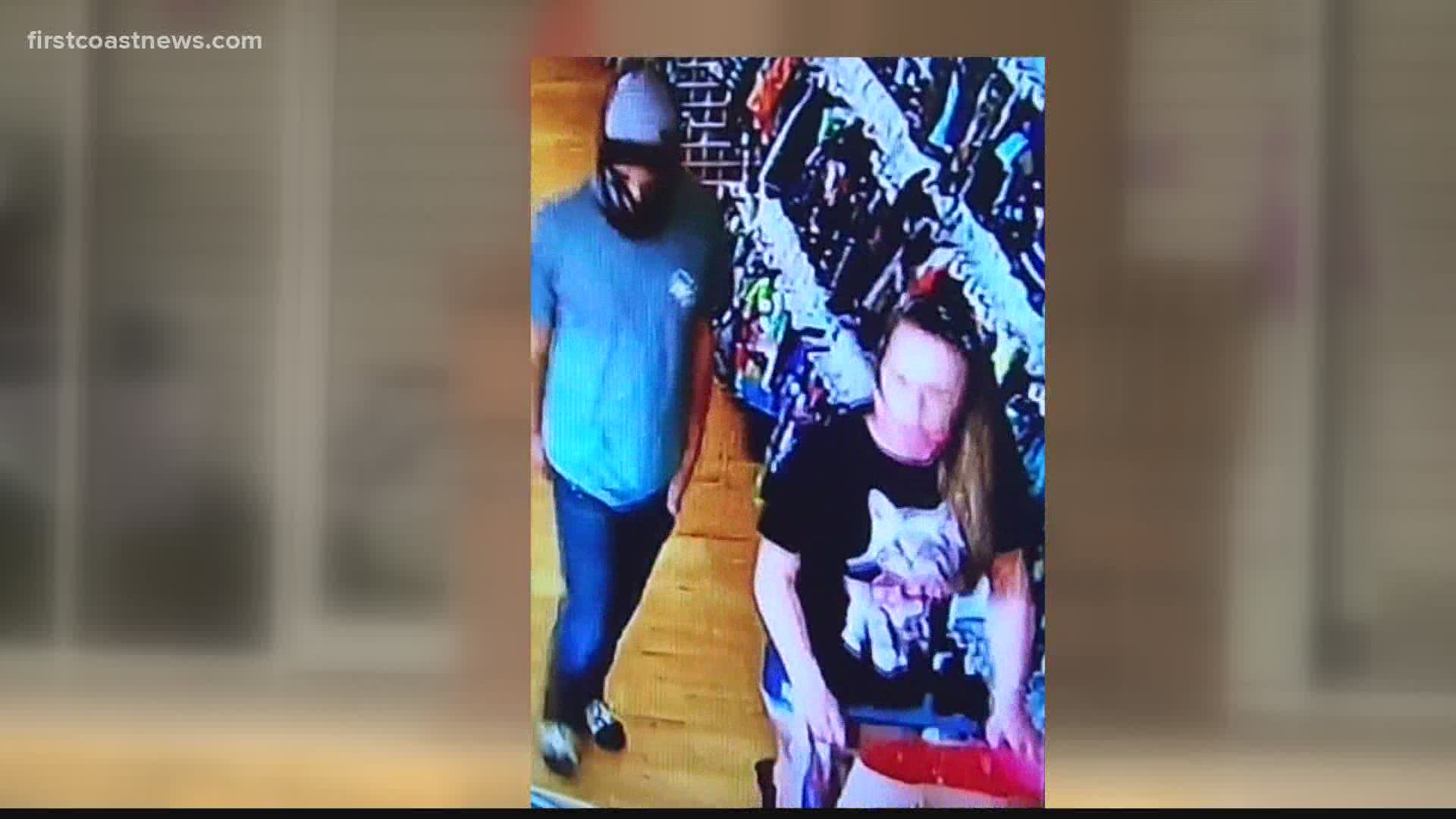 Security cameras caught a couple filling their cart with merchandise, then leaving without paying, the consignment shop owner said.