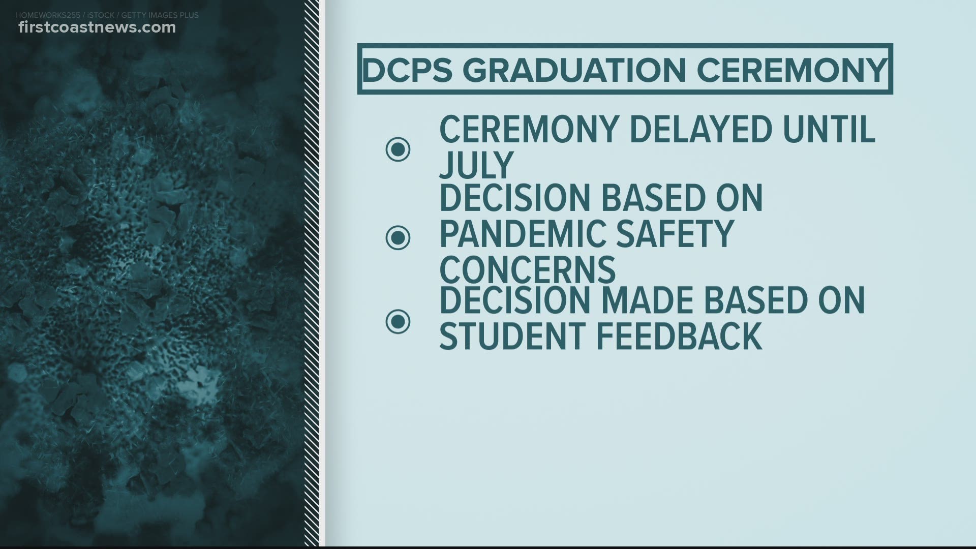 Duval County Public Schools seniors will have a traditional graduation ceremony postponed until July.