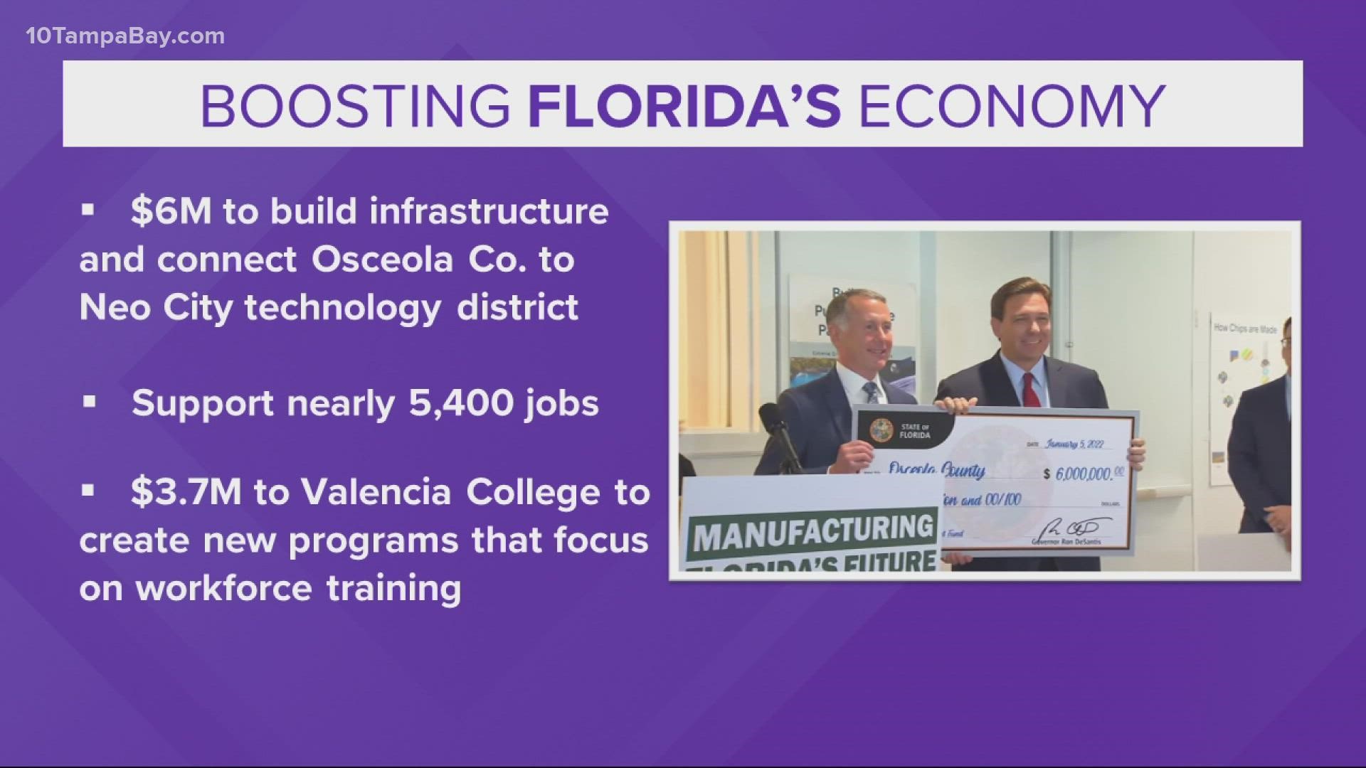 The governor said $6 million will go toward manufacturing development in Osceola County while $3.7 million will go toward vocational training at Valencia College.