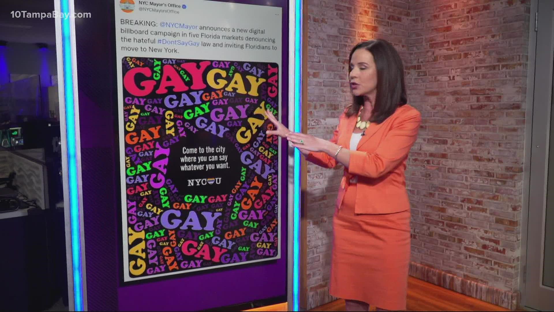The billboards targeting what critics call the "Don't Say Gay" bill are part of a campaign to invite Floridians to move to New York, the mayor's office says.
