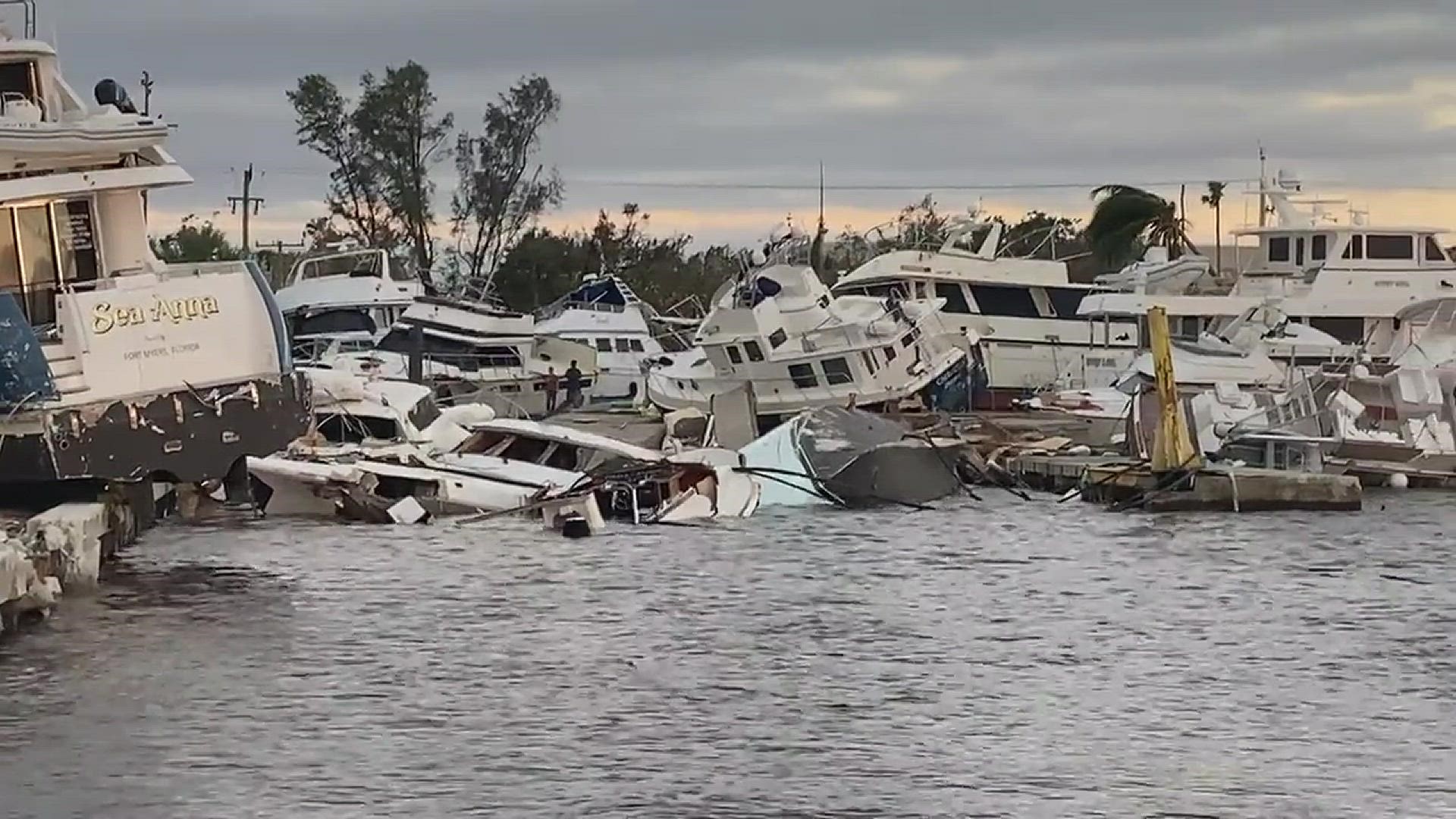 Boats left at Fort Myers marina were strewn all over after Hurricane Ian.