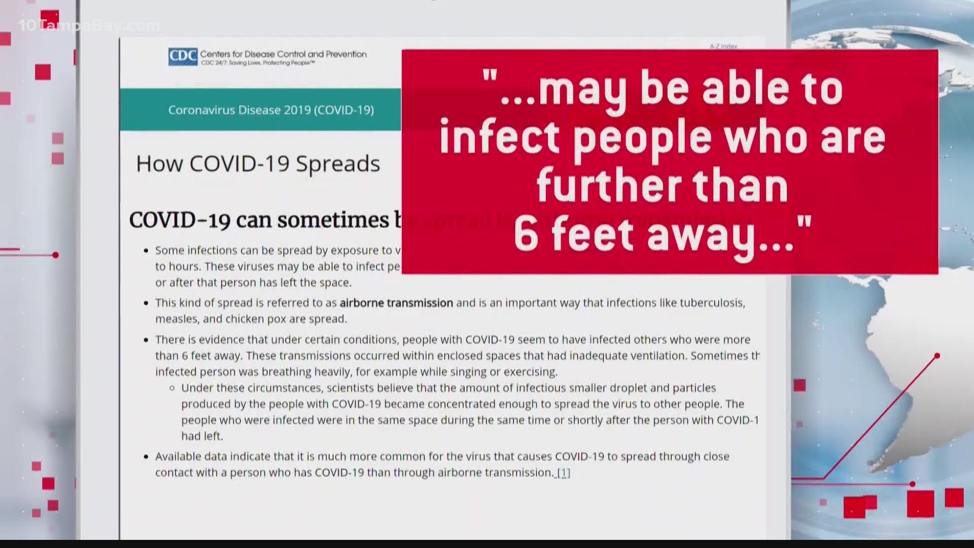 The agency says small droplets and particles from the virus can stay in the air for minutes to hours and infect anyone 6-12 feet away.