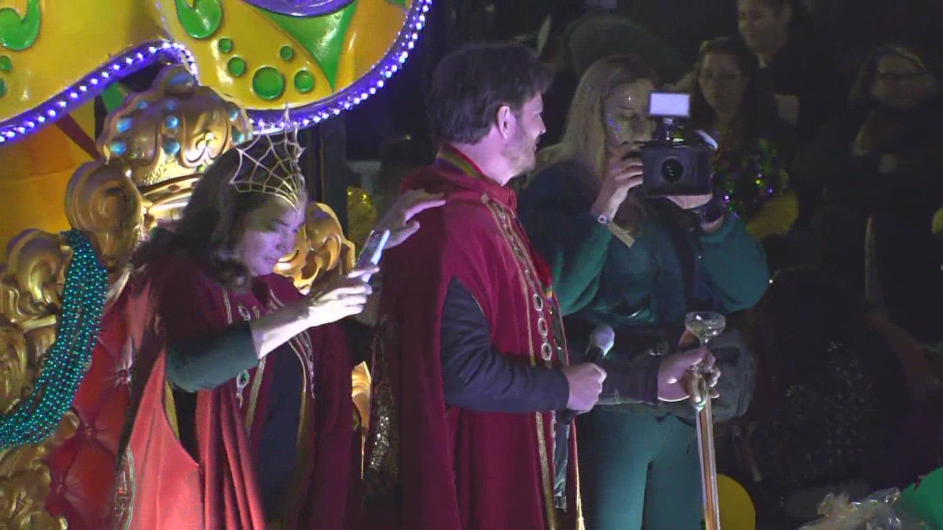 Harry Connick Jr., who started the Krewe of Orpheus, arrives at Gallier Hall and toasts Mayor LaToya Cantrell.